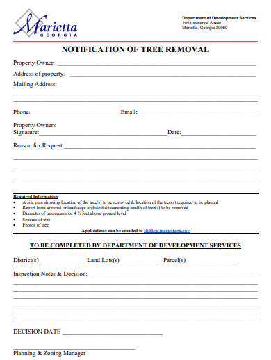 Application form for a tree removal permit in Marietta, Georgia, provided by the Department of Development Services