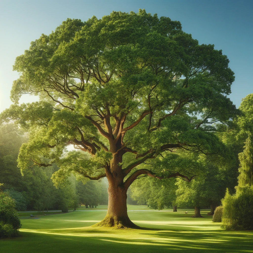 Majestic oak tree expertly pruned in a lush park in Kennesaw, GA