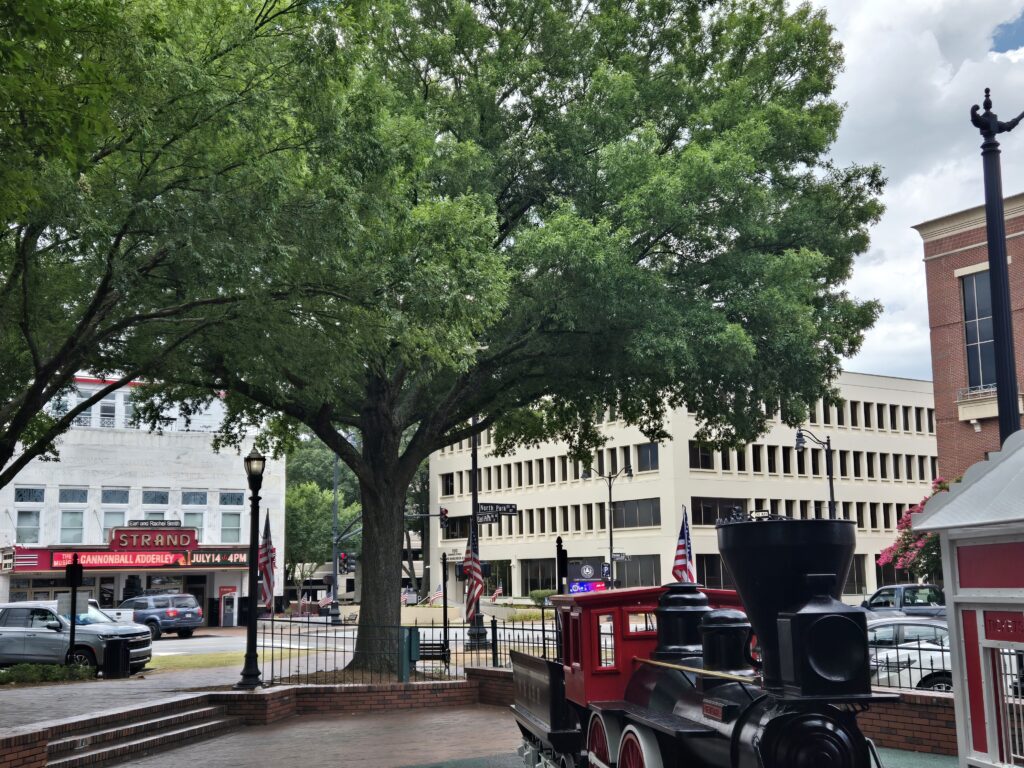 Marietta GA town square with historic train and large oak tree